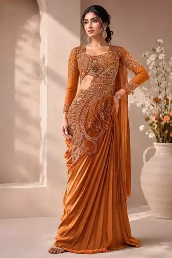 Orange ready-to-wear rangoli silk blend embroidered saree set