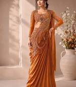 Orange ready-to-wear rangoli silk blend embroidered saree set