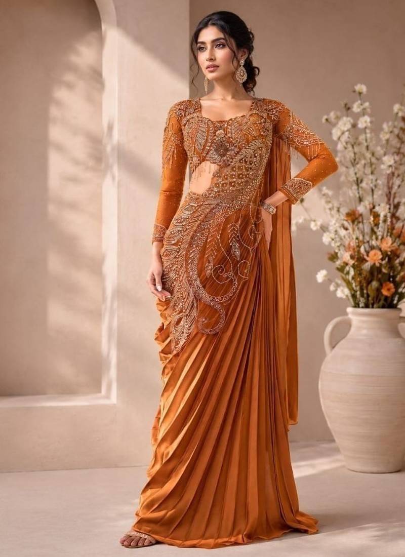 Orange ready-to-wear rangoli silk blend embroidered saree set