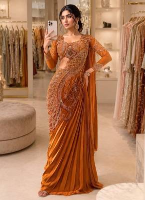 Orange ready-to-wear rangoli silk blend embroidered saree set 2