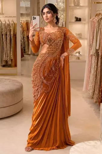 Orange ready-to-wear rangoli silk blend embroidered saree set