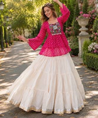 Rani&White Cotton Free Size Stitched Navratri Lehenga Choli with Kutchi Gamthi Patchework 1