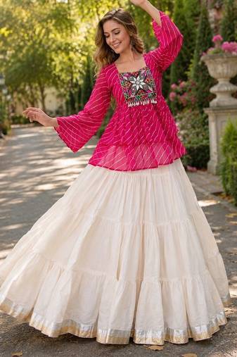 Rani&White Cotton Free Size Stitched Navratri Lehenga Choli with Kutchi Gamthi Patchework