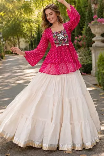 Rani&White Cotton Free Size Stitched Navratri Lehenga Choli with Kutchi Gamthi Patchework