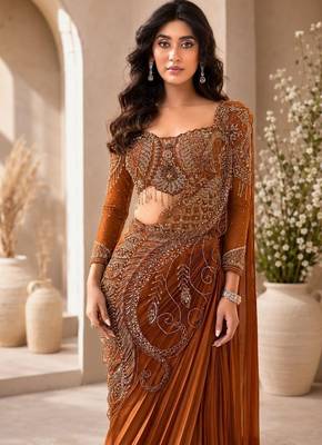 Orange ready-to-wear rangoli silk blend embroidered saree set 3