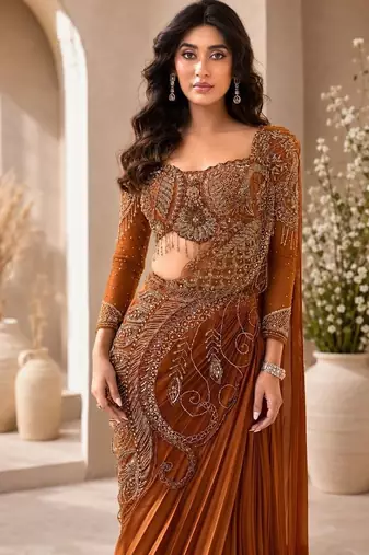 Orange ready-to-wear rangoli silk blend embroidered saree set