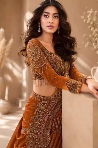 Orange ready-to-wear rangoli silk blend embroidered saree set