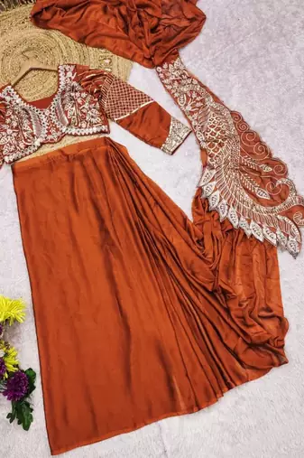 Orange ready-to-wear rangoli silk blend embroidered saree set