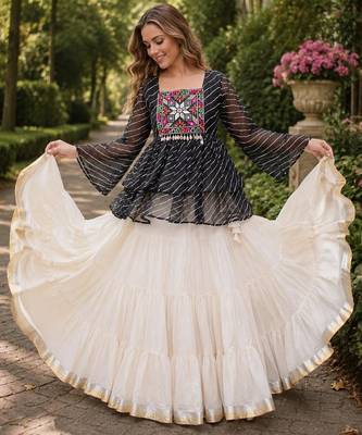 Black&White Cotton Free Size Stitched Navratri Lehenga Choli with Kutchi Gamthi Patchework 1