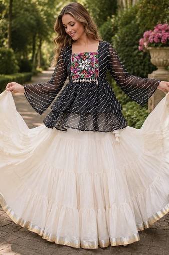Black&White Cotton Free Size Stitched Navratri Lehenga Choli with Kutchi Gamthi Patchework