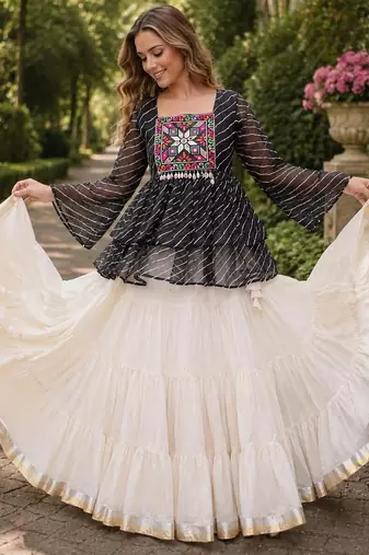 Black&White Cotton Free Size Stitched Navratri Lehenga Choli with Kutchi Gamthi Patchework