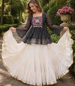 Black&White Cotton Free Size Stitched Navratri Lehenga Choli with Kutchi Gamthi Patchework