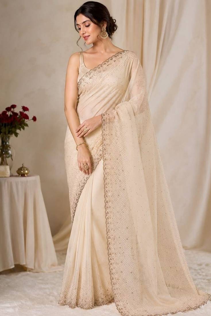 Elegant silk blend saree with sparkling diamond work & blouse piece