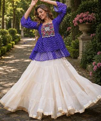 Blue&White Cotton Free Size Stitched Navratri Lehenga Choli with Kutchi Gamthi Patchework 1