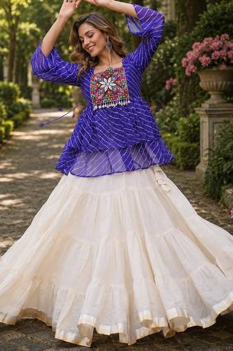 Blue&White Cotton Free Size Stitched Navratri Lehenga Choli with Kutchi Gamthi Patchework