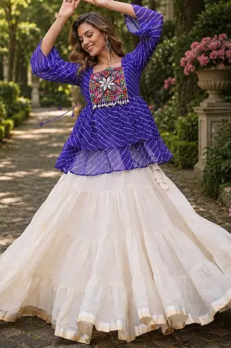 Blue&White Cotton Free Size Stitched Navratri Lehenga Choli with Kutchi Gamthi Patchework