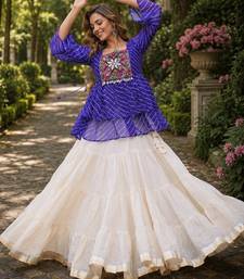 Blue&White Cotton Free Size Stitched Navratri Lehenga Choli with Kutchi Gamthi Patchework