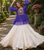 Blue&White Cotton Free Size Stitched Navratri Lehenga Choli with Kutchi Gamthi Patchework