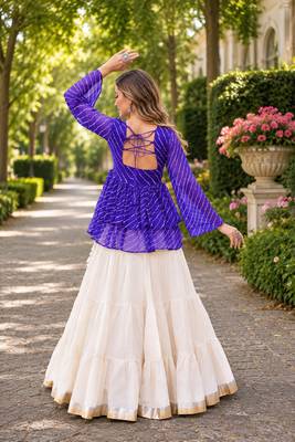 Blue&White Cotton Free Size Stitched Navratri Lehenga Choli with Kutchi Gamthi Patchework 2