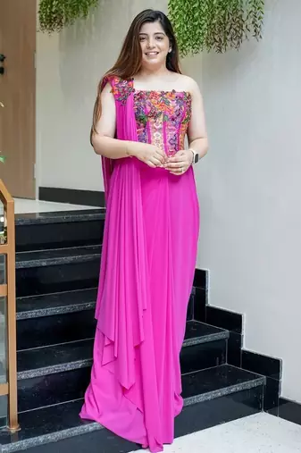 Dark pink ready-to-wear rangoli silk blend drape saree set
