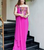 Dark pink ready-to-wear rangoli silk blend drape saree set