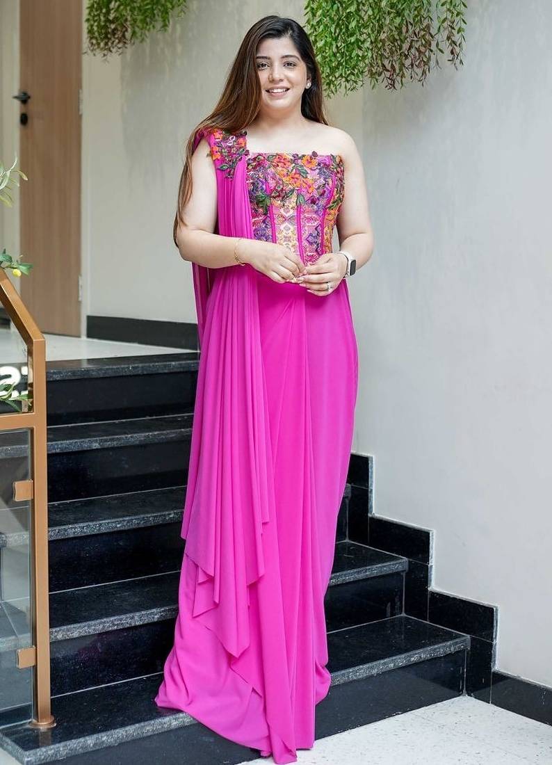 Dark pink ready-to-wear rangoli silk blend drape saree set