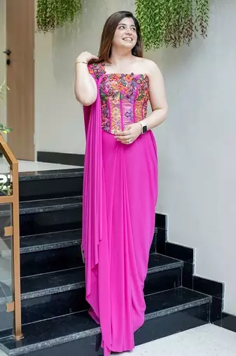 Dark pink ready-to-wear rangoli silk blend drape saree set