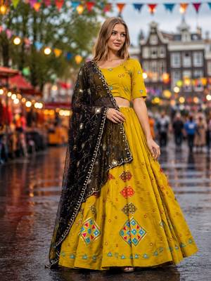 Yellow silk blend Free Size Stitched Navratri Lehenga Choli with Embroidery & Sequin Work 1