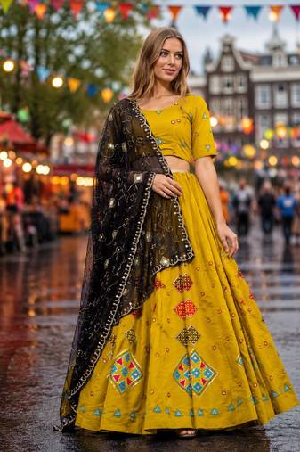 Yellow silk blend Free Size Stitched Navratri Lehenga Choli with Embroidery & Sequin Work