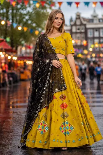 Yellow silk blend Free Size Stitched Navratri Lehenga Choli with Embroidery & Sequin Work