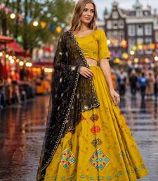 Yellow silk blend Free Size Stitched Navratri Lehenga Choli with Embroidery & Sequin Work