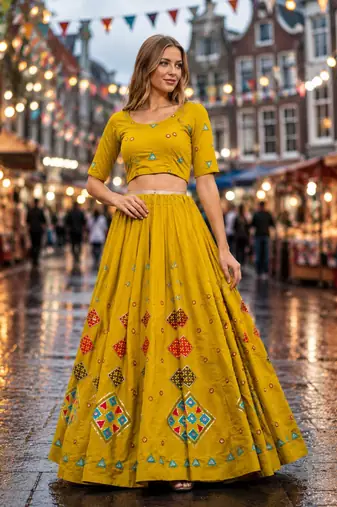 Yellow silk blend Free Size Stitched Navratri Lehenga Choli with Embroidery & Sequin Work