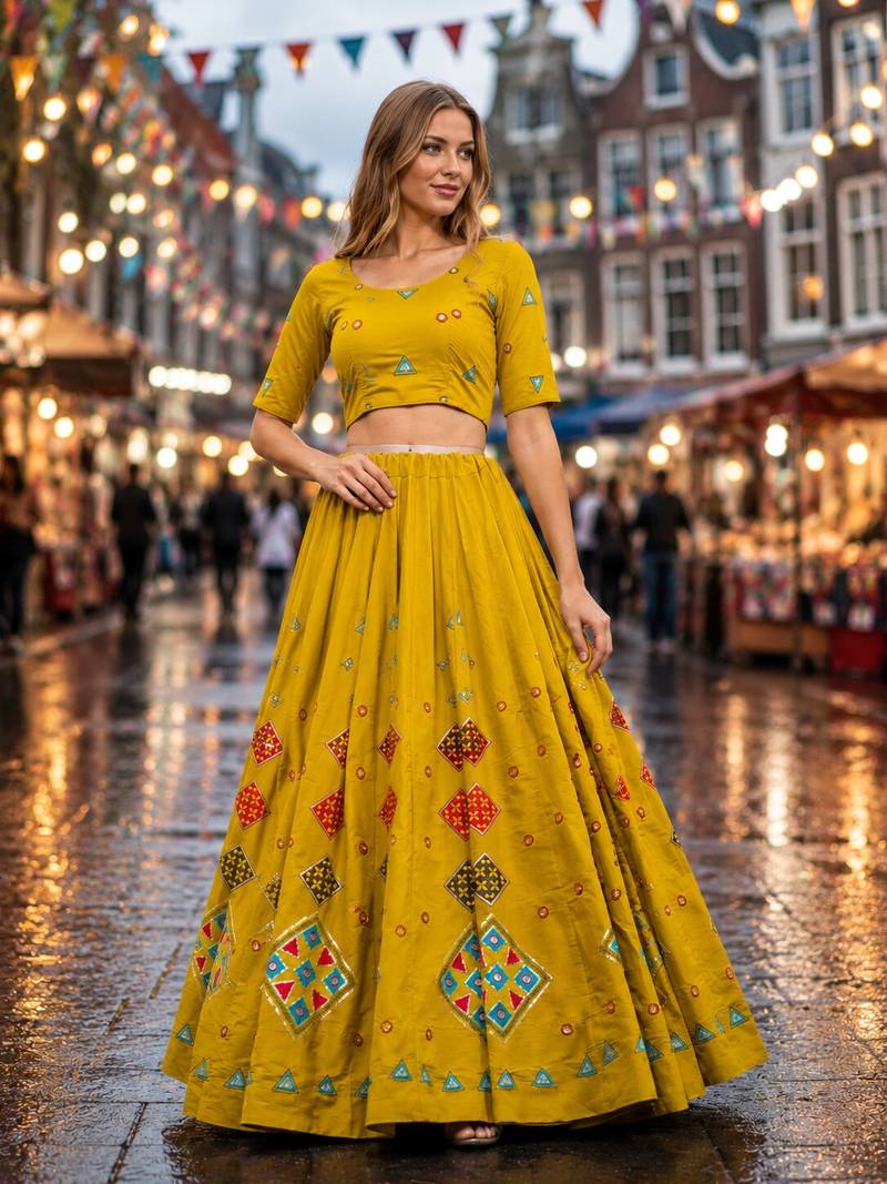 Yellow silk blend Free Size Stitched Navratri Lehenga Choli with Embroidery & Sequin Work