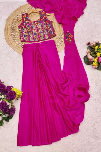 Dark pink ready-to-wear rangoli silk blend drape saree set