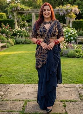 Deep blue indo-western dhoti drape saree with embroidered blouse 1