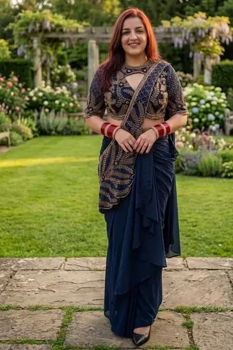 Deep blue indo-western dhoti drape saree with embroidered blouse