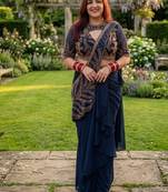 Deep blue indo-western dhoti drape saree with embroidered blouse