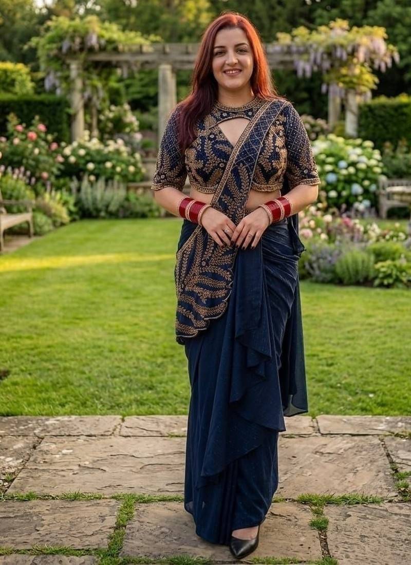 Deep blue indo-western dhoti drape saree with embroidered blouse