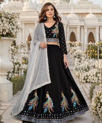 Black Silk Free Size Stitched Navratri Lehenga Choli with Thread Embroidery & Sequence Work 1