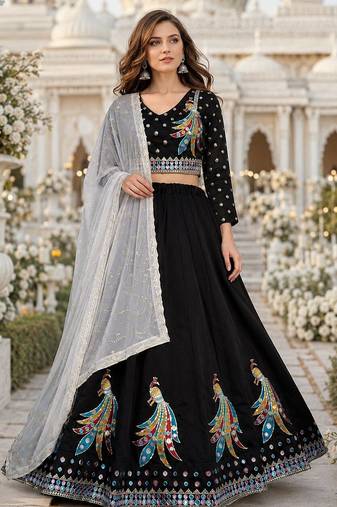 Black Silk Free Size Stitched Navratri Lehenga Choli with Thread Embroidery & Sequence Work