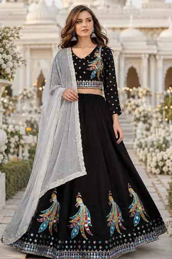 Black Silk Free Size Stitched Navratri Lehenga Choli with Thread Embroidery & Sequence Work