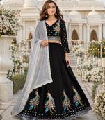 Black Silk Free Size Stitched Navratri Lehenga Choli with Thread Embroidery & Sequence Work