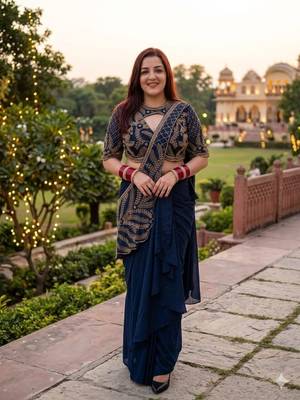 Deep blue indo-western dhoti drape saree with embroidered blouse 2