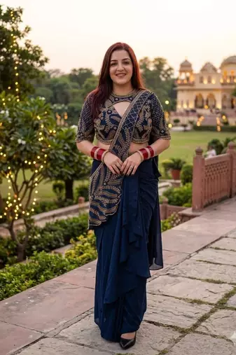 Deep blue indo-western dhoti drape saree with embroidered blouse
