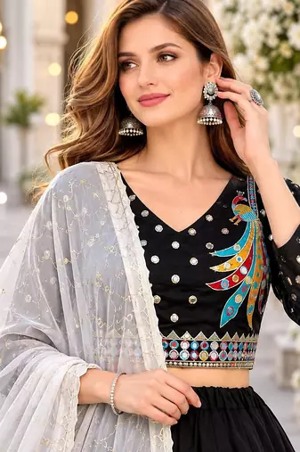 Black Silk Free Size Stitched Navratri Lehenga Choli with Thread Embroidery & Sequence Work
