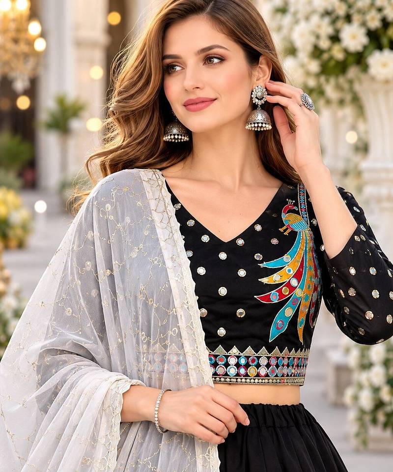 Black Silk Free Size Stitched Navratri Lehenga Choli with Thread Embroidery & Sequence Work
