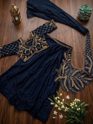 Deep blue indo-western dhoti drape saree with embroidered blouse 3