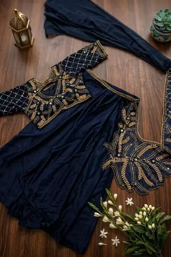 Deep blue indo-western dhoti drape saree with embroidered blouse