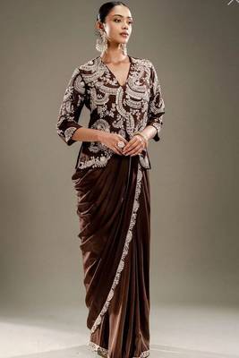 Chocolate brown chinon silk blend ready-to-wear jacket saree set 1