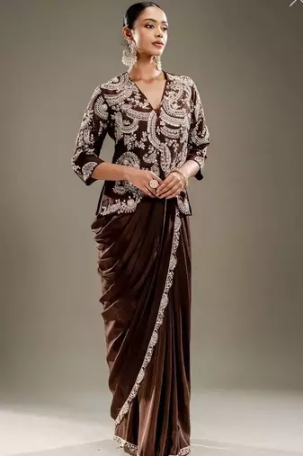 Chocolate brown chinon silk blend ready-to-wear jacket saree set
